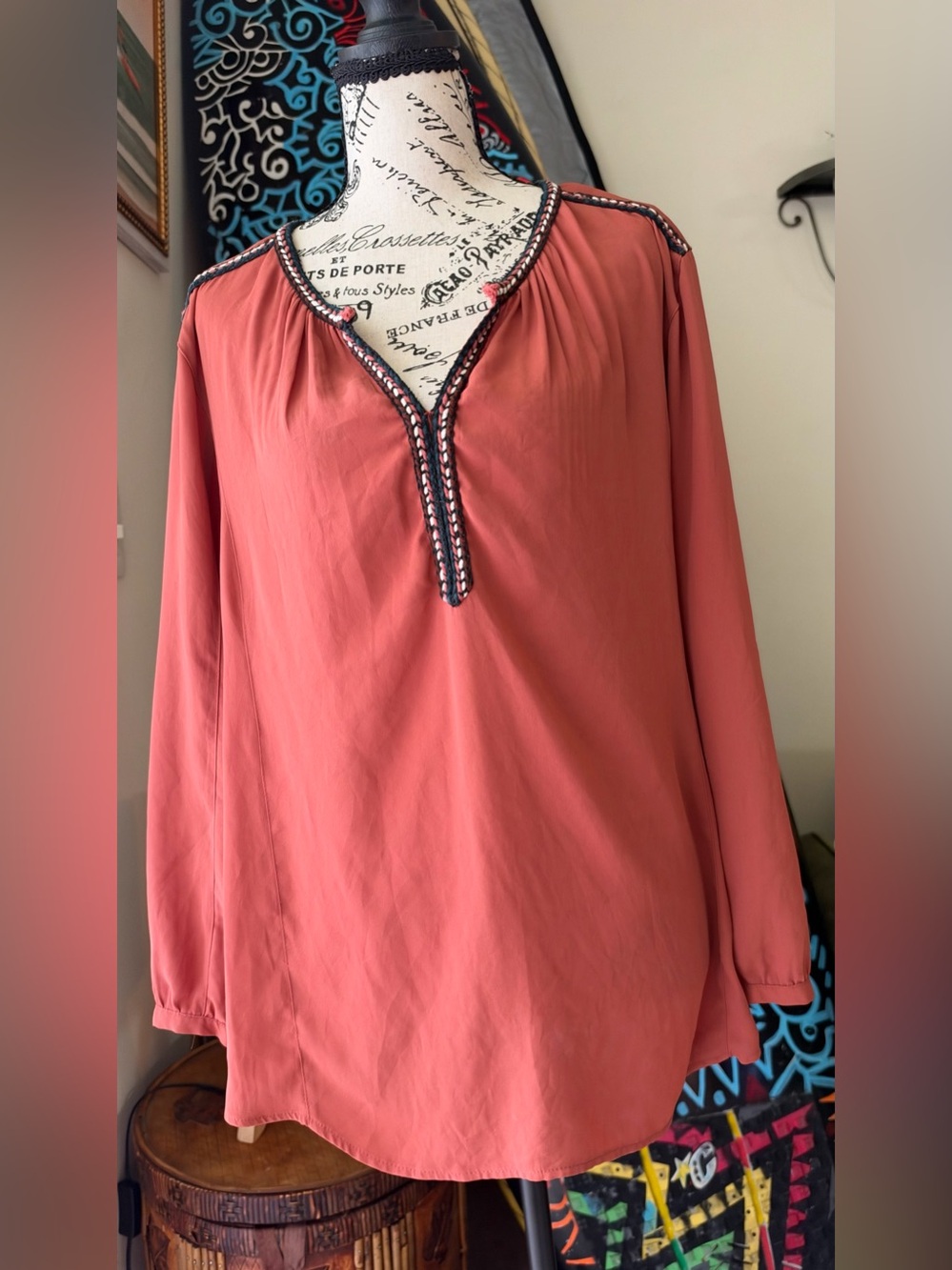DR2 Burnt Coral Long-Sleeve V-Neck Blouse with Braided Trim